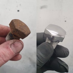Bike parts, polished  bolt before and after
